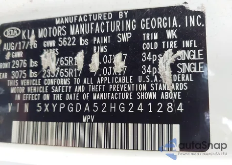 2017 Kia Sorento 3.3L Lx from USA, damaged, VIN 5XYPGDA52HG241284